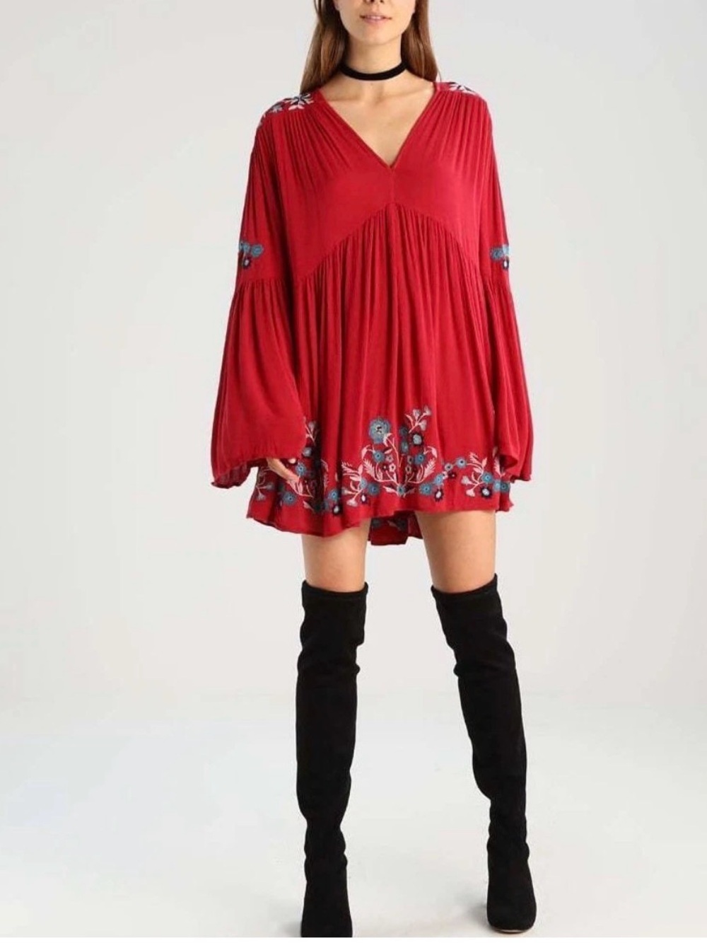 Free People So In Love Embroidered Bell Sleeve Tunic Mini Dress Red S/P